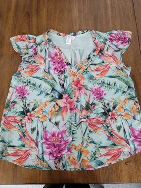 Rachel Zoe Mint Floral Ruffle V-Neck Blouse with Pink & Orange Accents